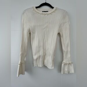 Elegant Cream Pearl-Embellished Women's Long Sleeve Top